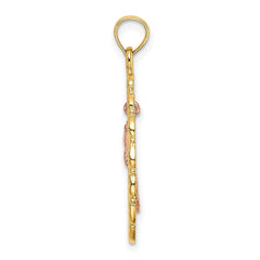 14k Two-Tone Textured Oval Frame Dangling Rose Charm