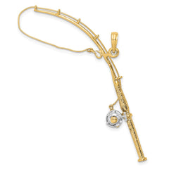 14K w/Rhodium 3-D Moveable Fishing Pole W/ Reel Charm