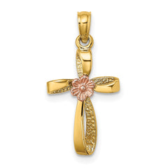 14k Two-Tone Twisted Cross w/ Heart Charm - 2