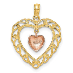 14k Yellow and Rose Gold Polished Dangling Heart In Heart Charm
