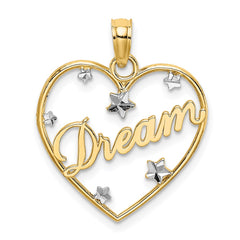 14k w/Rhodium Diamond-cut DREAM Heart with Stars Charm