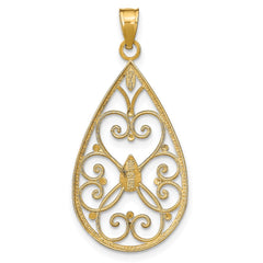 14K w/Rhodium Heart Beaded Filigree D/C Teardrop Charm