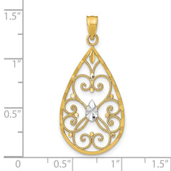 14K w/Rhodium Heart Beaded Filigree D/C Teardrop Charm