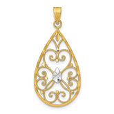 14K w/Rhodium Heart Beaded Filigree D/C Teardrop Charm