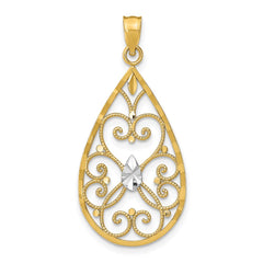 14K w/Rhodium Heart Beaded Filigree D/C Teardrop Charm