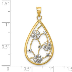 14K w/ White Rhodium Flowers In Teardrop Frame Charm