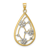 14K w/ White Rhodium Flowers In Teardrop Frame Charm