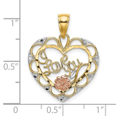 14k Two-one w/White Rhodium I LOVE YOU Heart w/ Flower Charm