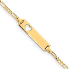 14k Polished Solid Chain/Solid Plate Figaro Link Cut-out Heart 20x5mm Plate 8 inch ID Bracelet