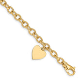 14k Engravable 19x13mm Solid Dangle Heart Charm and Solid Polished Link 7.5 inch Bracelet