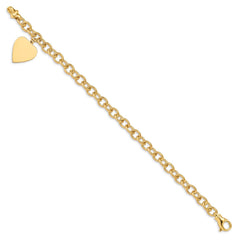 14k Engravable 23x17mm Solid Dangle Heart Charm and Solid Polished Link 8.5 inch Bracelet