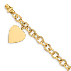 14k Engravable 23x17mm Solid Dangle Heart Charm and Solid Polished Link 7.5 inch Bracelet