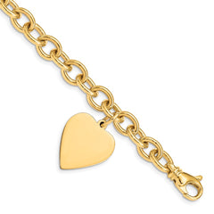 14k Engravable 25x19mm Solid Dangle Heart Charm and Solid Polished Link 8.5 inch Bracelet