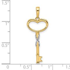 14k and White Rhodium Diamiond-cut Heart Key Pendant