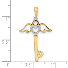14k and White Rhodium D/C Heart/ Angel Wings Key Pendant