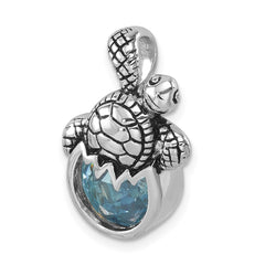 Sterling Silver Rhodium-Plated Antiqued Crystal Hatching Turtle Pendant - 2