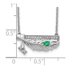 14k White Gold Diamond Bar with Emerald Feather 18 inch Necklace