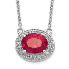 14k White Gold Diamond and 9x7mm Oval Ruby Halo East-West 18 inch Necklace