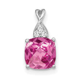 14K White Gold Checkerboard Created Pink Sapphire and Diamond Pendant