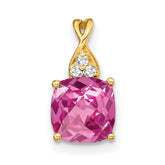 14k Checkerboard Created Pink Sapphire and Diamond Pendant