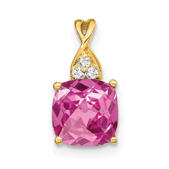 14k Checkerboard Created Pink Sapphire and Diamond Pendant