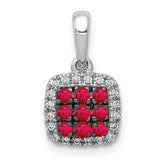 14k White Gold with Black Rhodium Diamond and .23 Ruby Cluster Square Halo Pendant