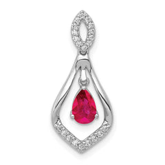 14k White Gold Diamond and 6x4mm Pear Ruby Teardrop Dangle Pendant