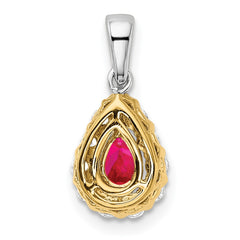 14k Two-tone Pear Ruby and Diamond Halo Pendant