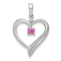 14k White Gold Created Pink Sapphire and Diamond Heart Pendant - 4