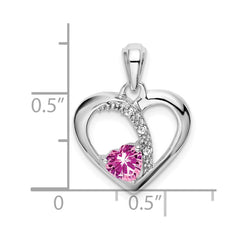 14k White Gold Created Pink Sapphire and Diamond Heart Pendant
