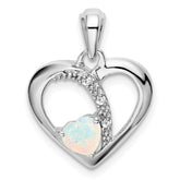 14k White Gold Created Opal and Diamond Heart Pendant - 2