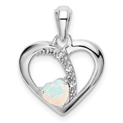 14k White Gold Created Opal and Diamond Heart Pendant - 2