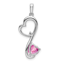 14k White Gold Created Pink Sapphire and Diamond Heart Pendant - 2