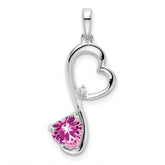 14k White Gold Created Pink Sapphire and Diamond Heart Pendant - 2