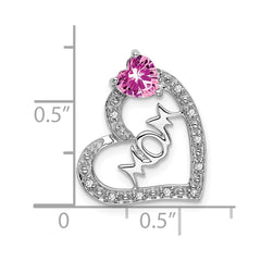 14k White Gold Created Pink Sapphire/Diamond MOM Heart Pendant