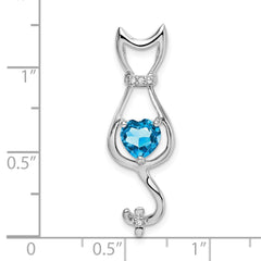 14k White Gold Blue Topaz and Diamond Cat Pendant