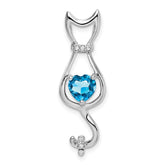 14k White Gold Blue Topaz and Diamond Cat Pendant