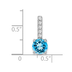 14k White Gold Round Blue Topaz and Diamond Pendant