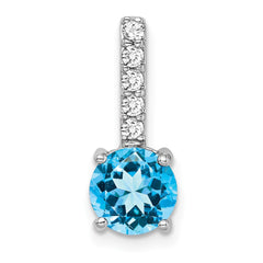 14k White Gold Round Blue Topaz and Diamond Pendant