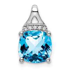 14k White Gold Cushion Blue Topaz and Diamond Pendant - 2