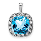 14k White Gold Cushion Blue Topaz and Diamond Pendant