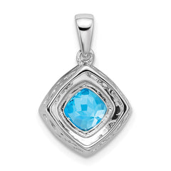 14k White Gold Cushion Blue Topaz and Diamond Pendant - 12