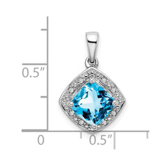 14k White Gold Cushion Blue Topaz and Diamond Pendant - 12