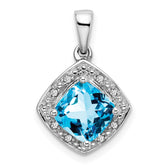 14k White Gold Cushion Blue Topaz and Diamond Pendant - 12