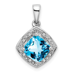 14k White Gold Cushion Blue Topaz and Diamond Pendant - 12
