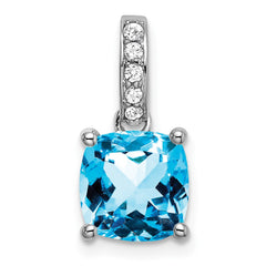 14k White Gold Cushion Blue Topaz and Diamond Pendant - 11