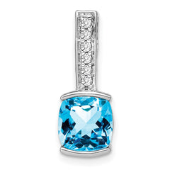 14k White Gold Cushion Blue Topaz and Diamond Pendant - 3