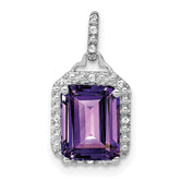 14k White Gold Emerald-cut Amethyst and Diamond Halo Pendant