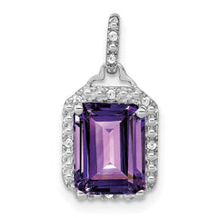 14k White Gold Emerald-cut Amethyst and Diamond Halo Pendant