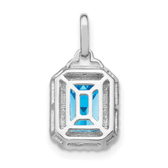 14k White Gold Emerald-cut Blue Topaz and Diamond Halo Pendant